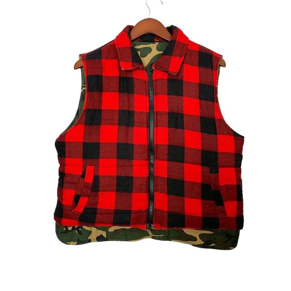 Vintage Game Winner Vest Camouflage Buffalo Plaid Reversible Hunting 80s- Medium - Picture 2 of 14